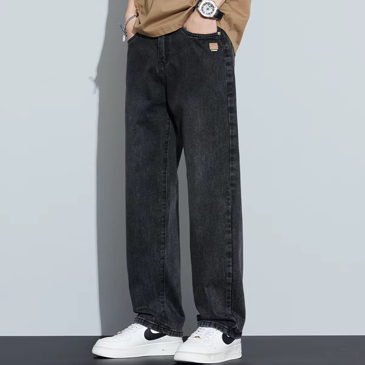 Men's Washed Indigo Charcoal Black Relaxed Fit Wide Leg Jeans