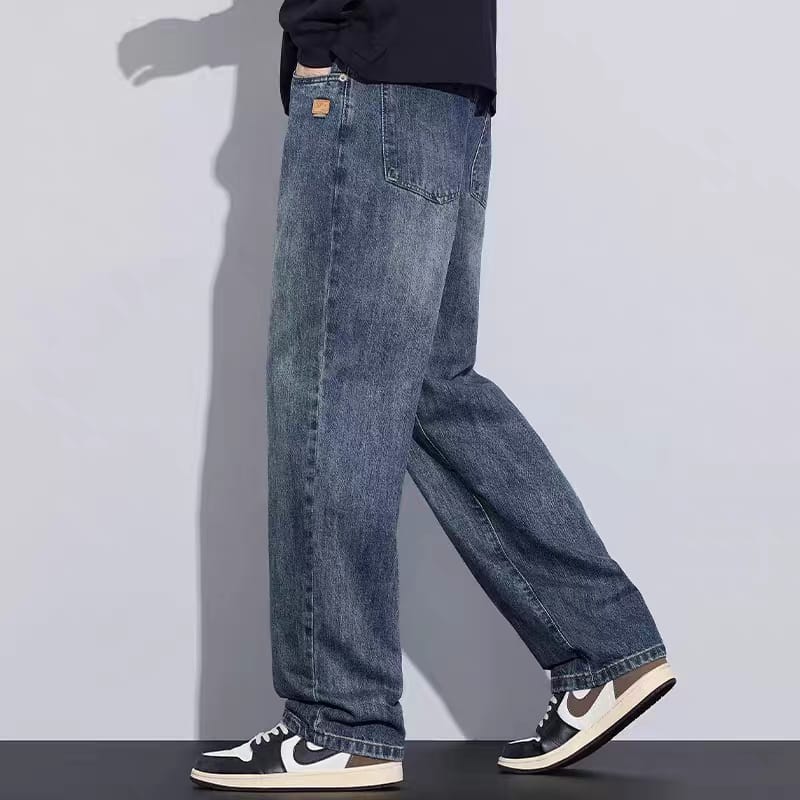Men's Washed Indigo Blue Relaxed Fit Wide Leg Jeans