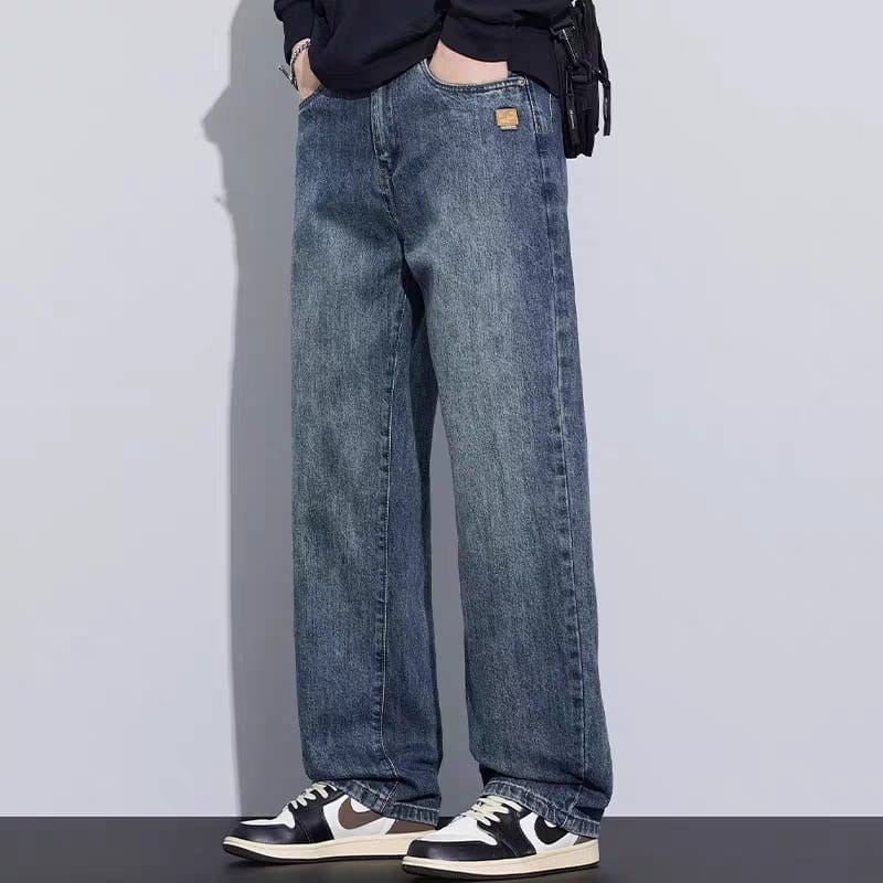 Men's Washed Indigo Blue Relaxed Fit Wide Leg Jeans