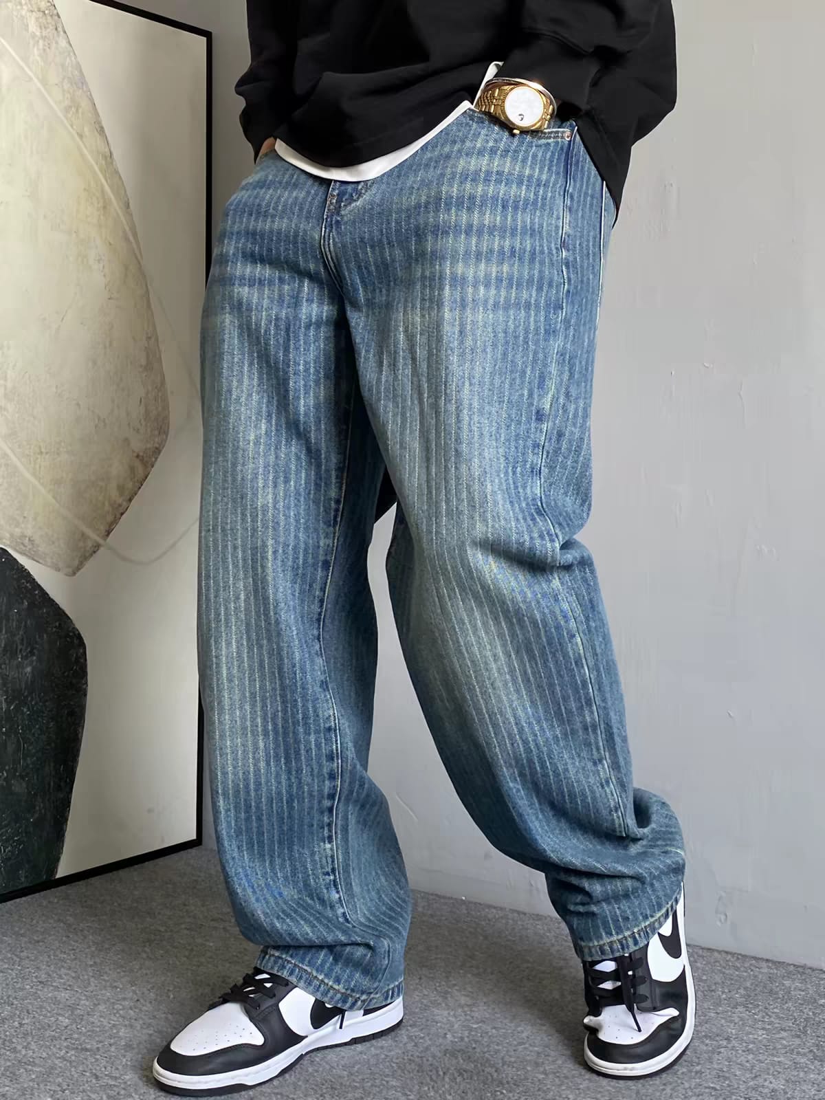 Men's Vintage Pinstripe Washed Blue Relaxed Fit Wide Leg Jeans