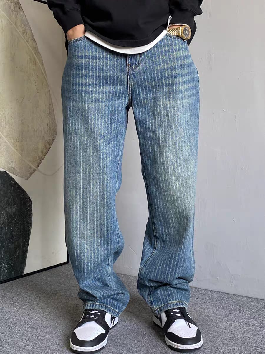 Men's Vintage Pinstripe Washed Blue Relaxed Fit Wide Leg Jeans