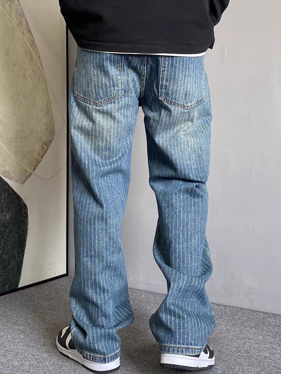 Men's Vintage Pinstripe Washed Blue Relaxed Fit Wide Leg Jeans