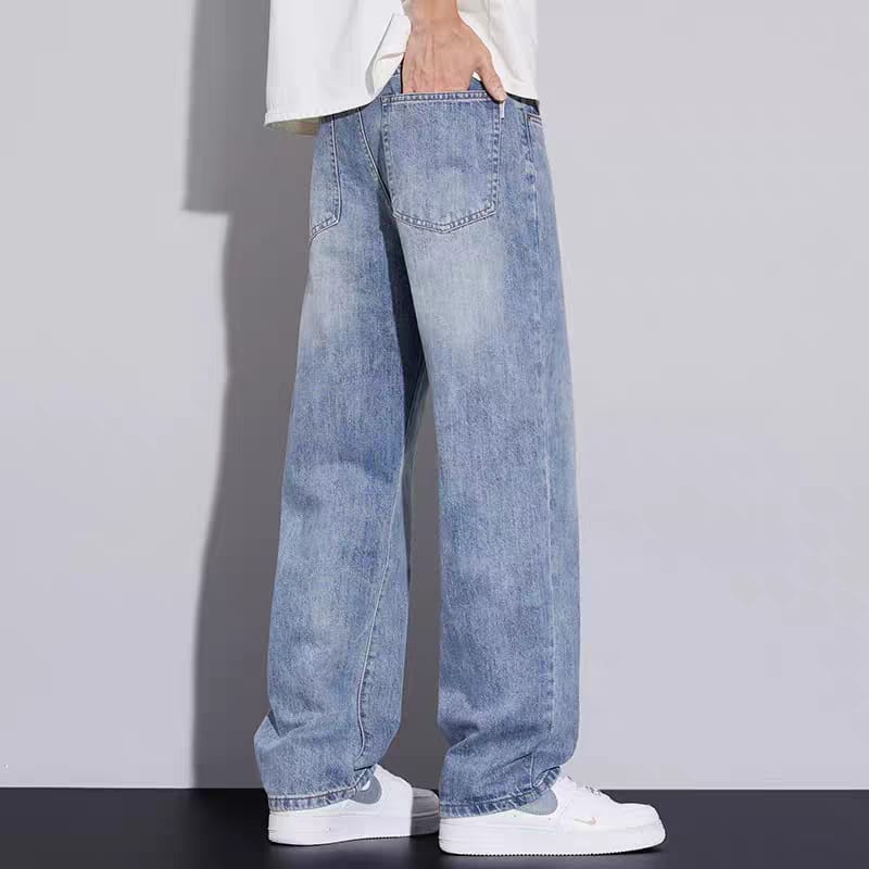 Men's Washed Indigo Light Blue Relaxed Fit Wide Leg Jeans