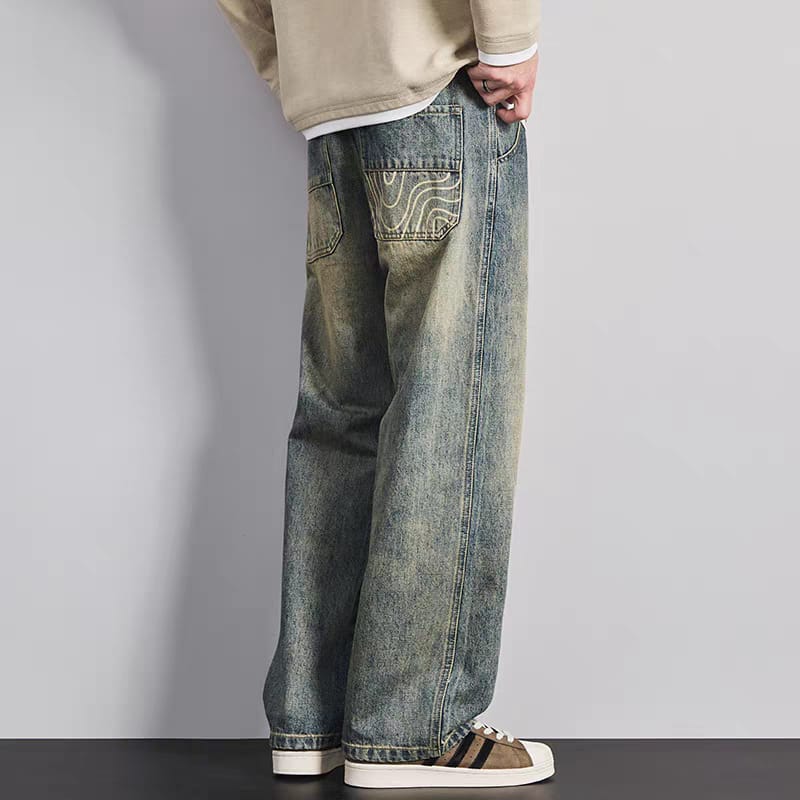 Men's Vintage Washed Blue Relaxed Fit Wide Leg Jeans