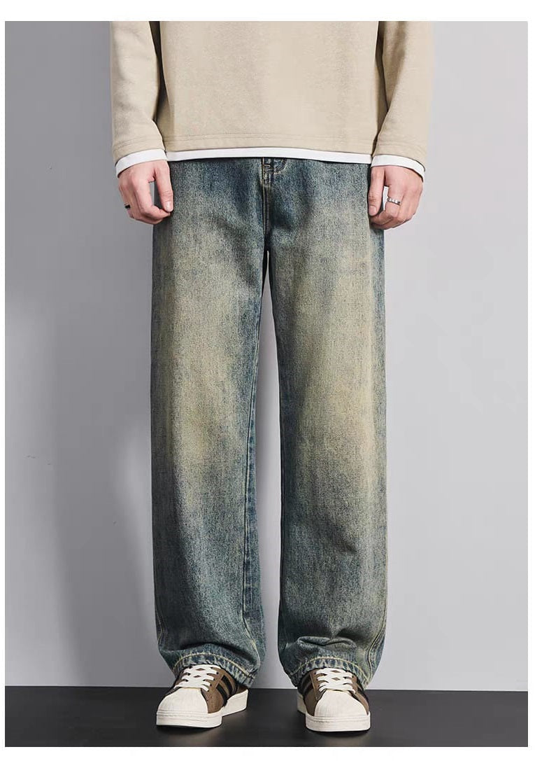 Men's Vintage Washed Blue Relaxed Fit Wide Leg Jeans