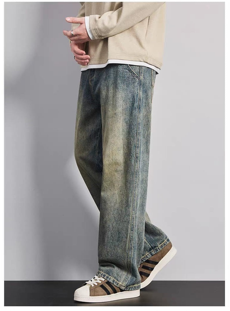 Men's Vintage Washed Blue Relaxed Fit Wide Leg Jeans