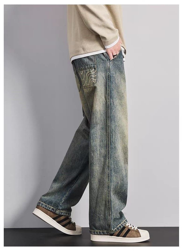 Men's Vintage Washed Blue Relaxed Fit Wide Leg Jeans