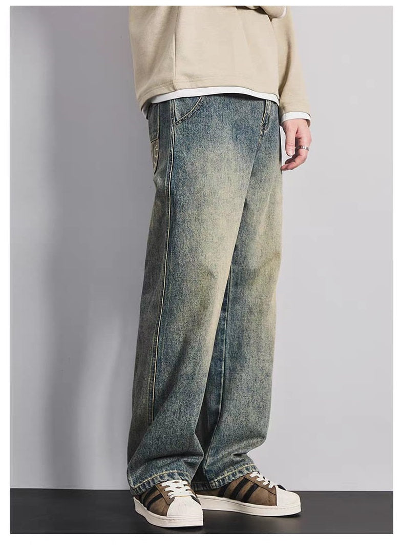 Men's Vintage Washed Blue Relaxed Fit Wide Leg Jeans