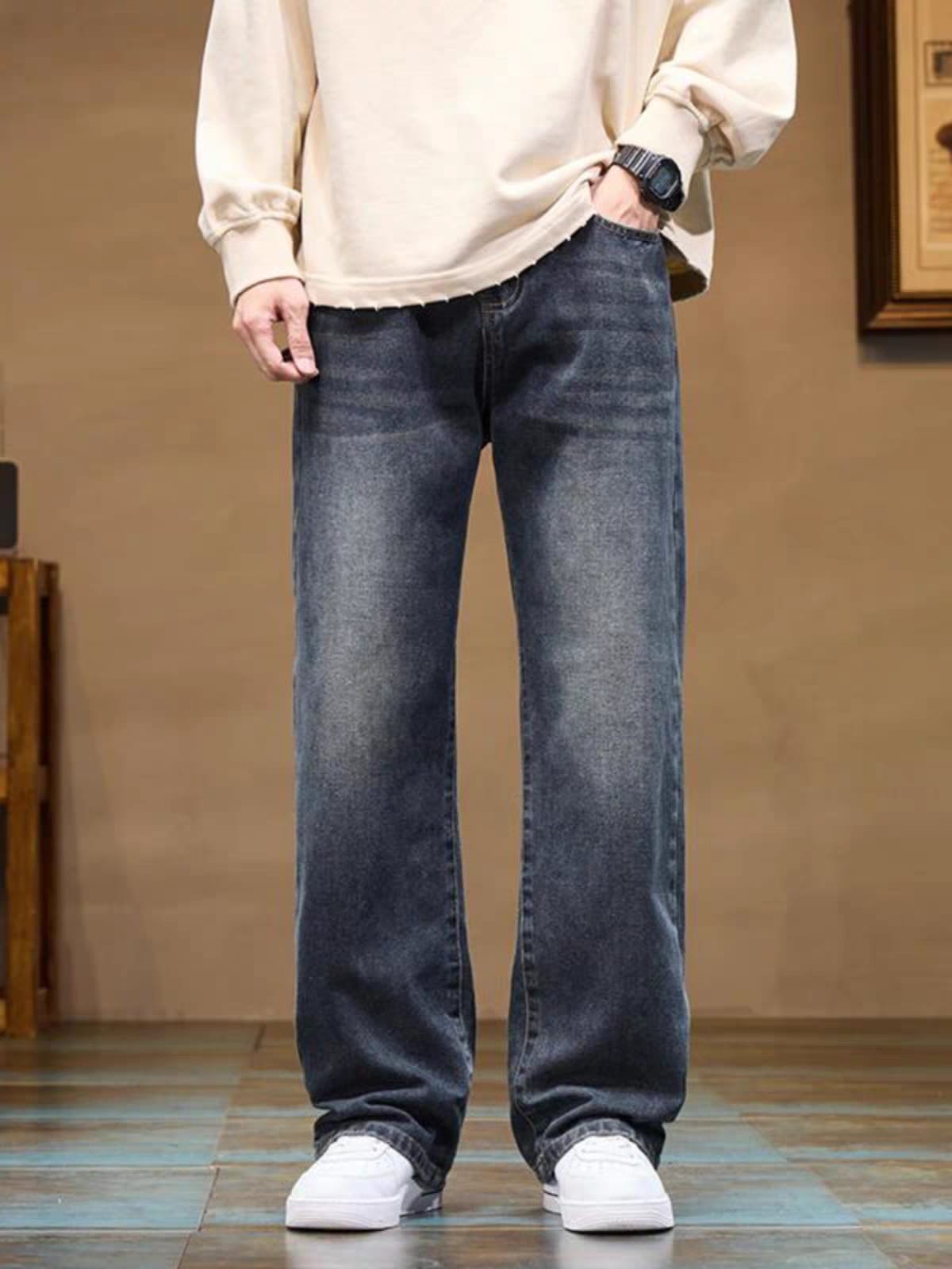 Men's Washed Steel Blue Relaxed Fit Wide Leg Jeans