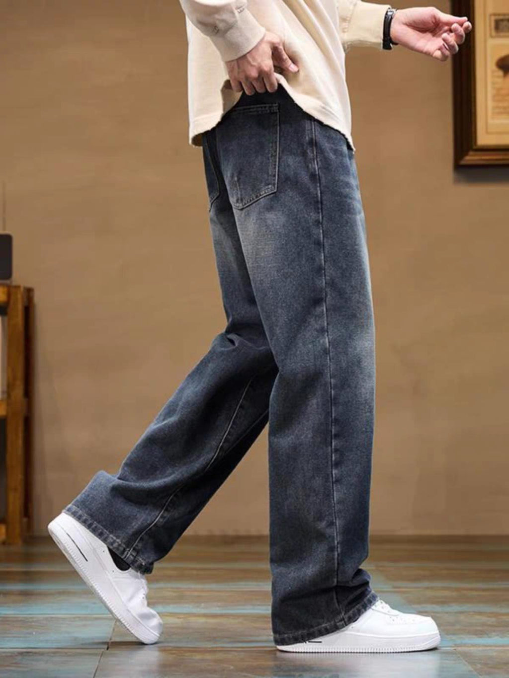 Men's Washed Steel Blue Relaxed Fit Wide Leg Jeans