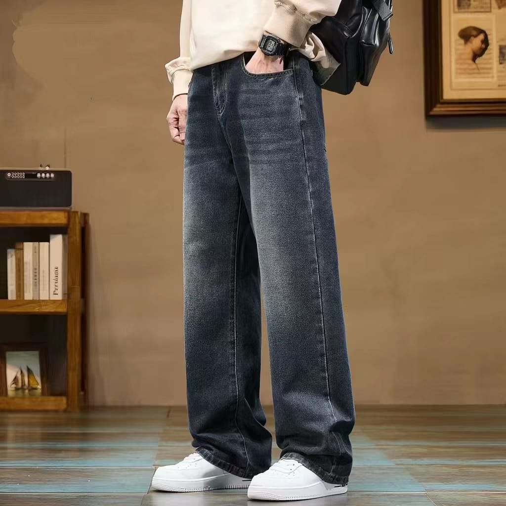 Men's Washed Steel Blue Relaxed Fit Wide Leg Jeans