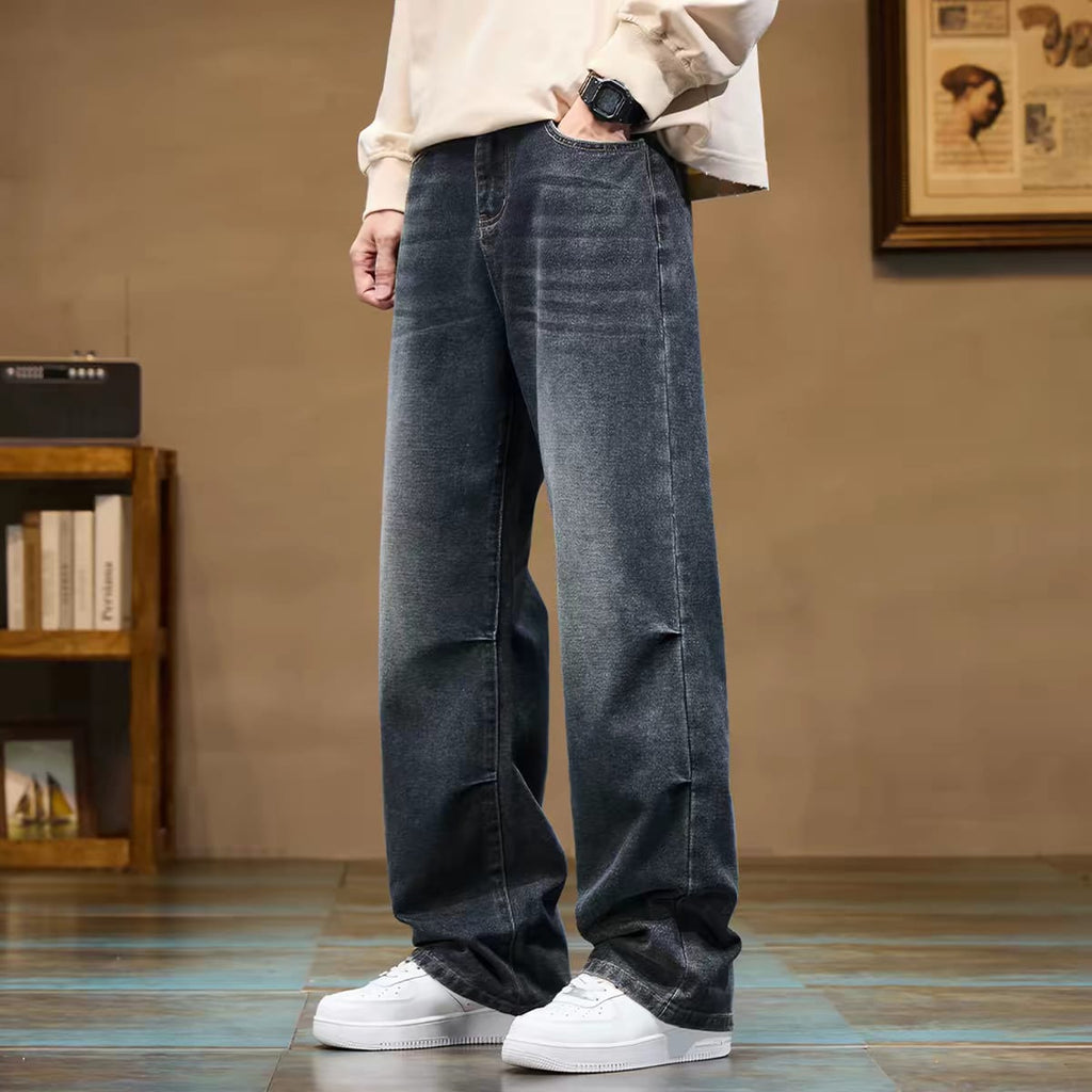 Men's Washed Charcoal Grey Relaxed Fit Wide Leg Jeans