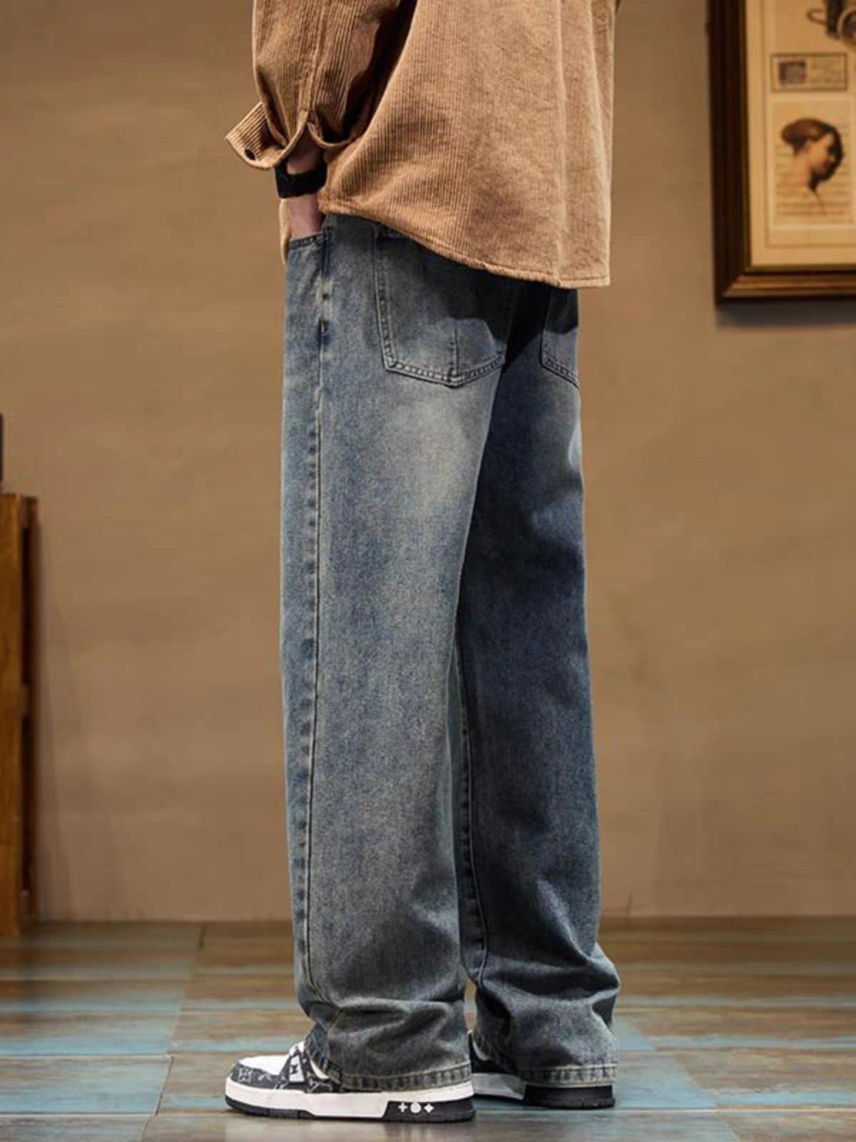 Men's Washed Blue Relaxed Fit Wide Leg Jeans