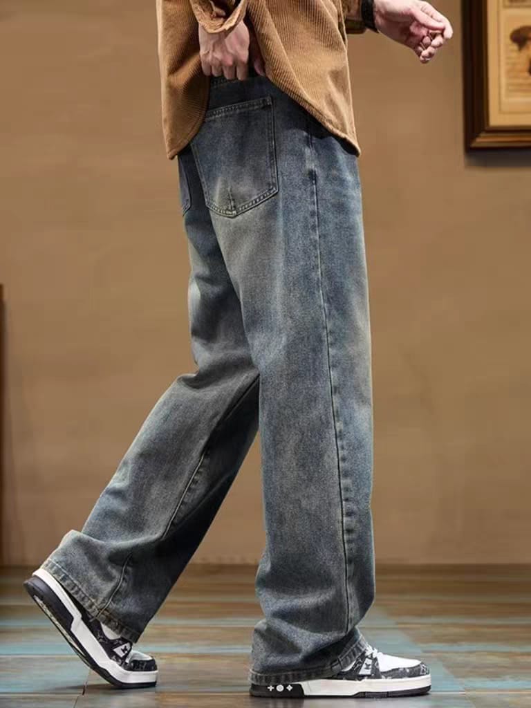 Men's Washed Blue Relaxed Fit Wide Leg Jeans