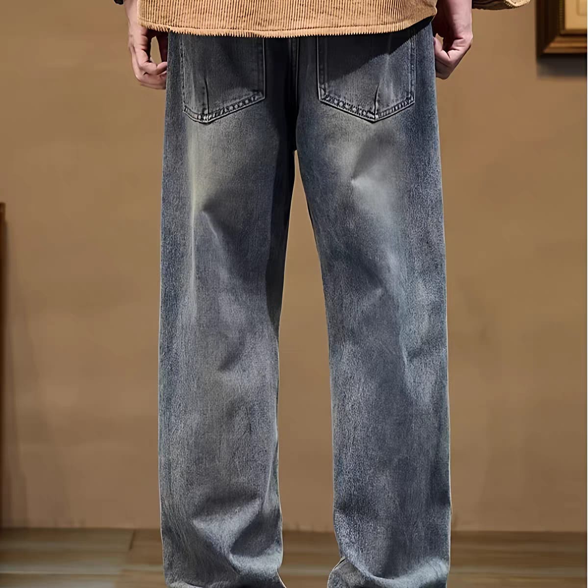 Men's Washed Blue Relaxed Fit Wide Leg Jeans