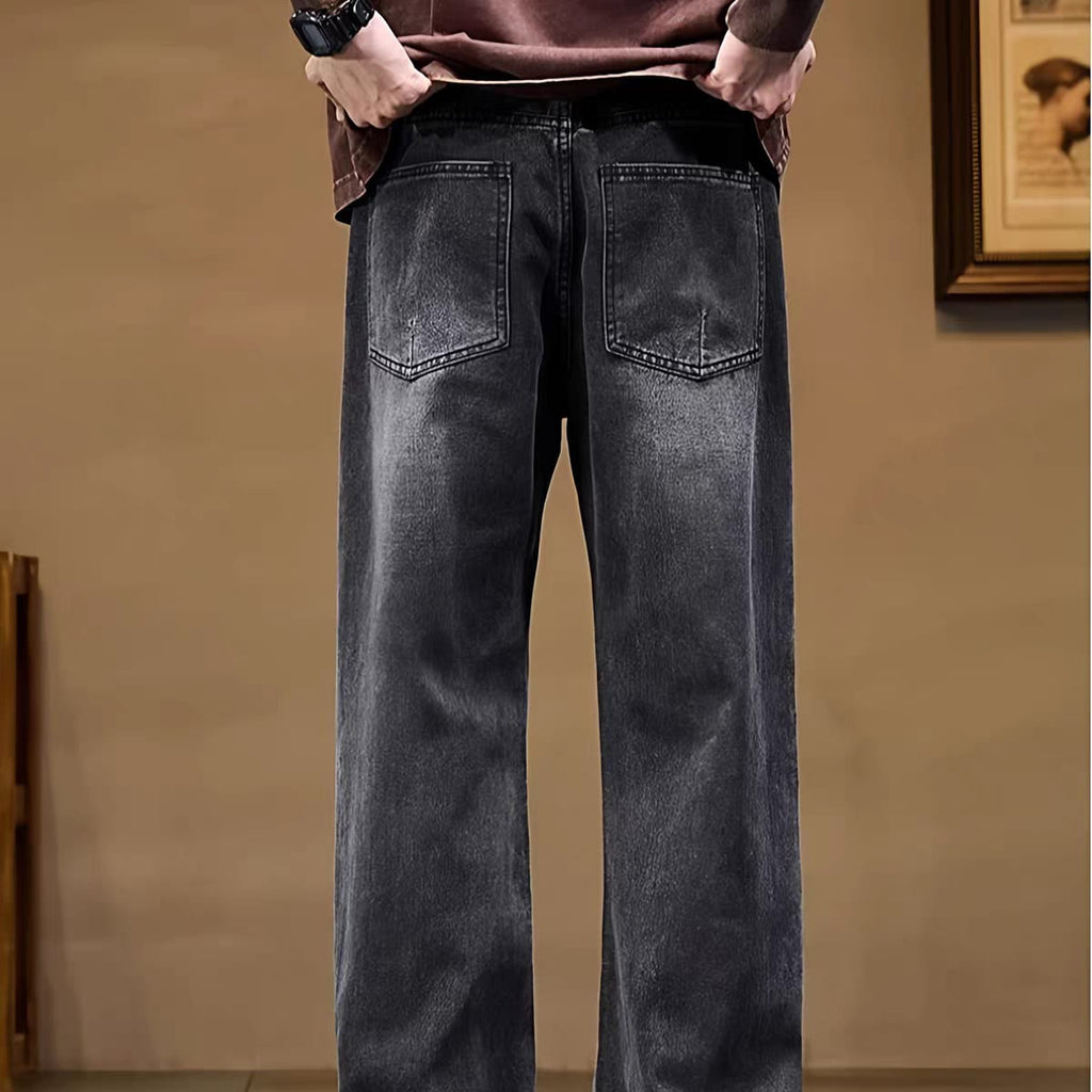 Men's Washed Dark Grey Relaxed Fit Wide Leg Jeans