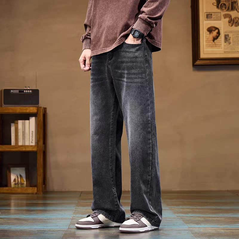 Men's Washed Dark Grey Relaxed Fit Wide Leg Jeans