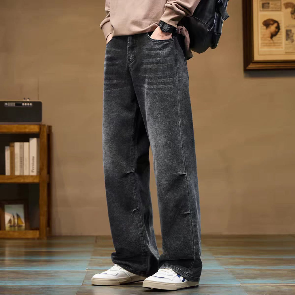 Men's Washed Black Relaxed Fit Wide Leg Jeans