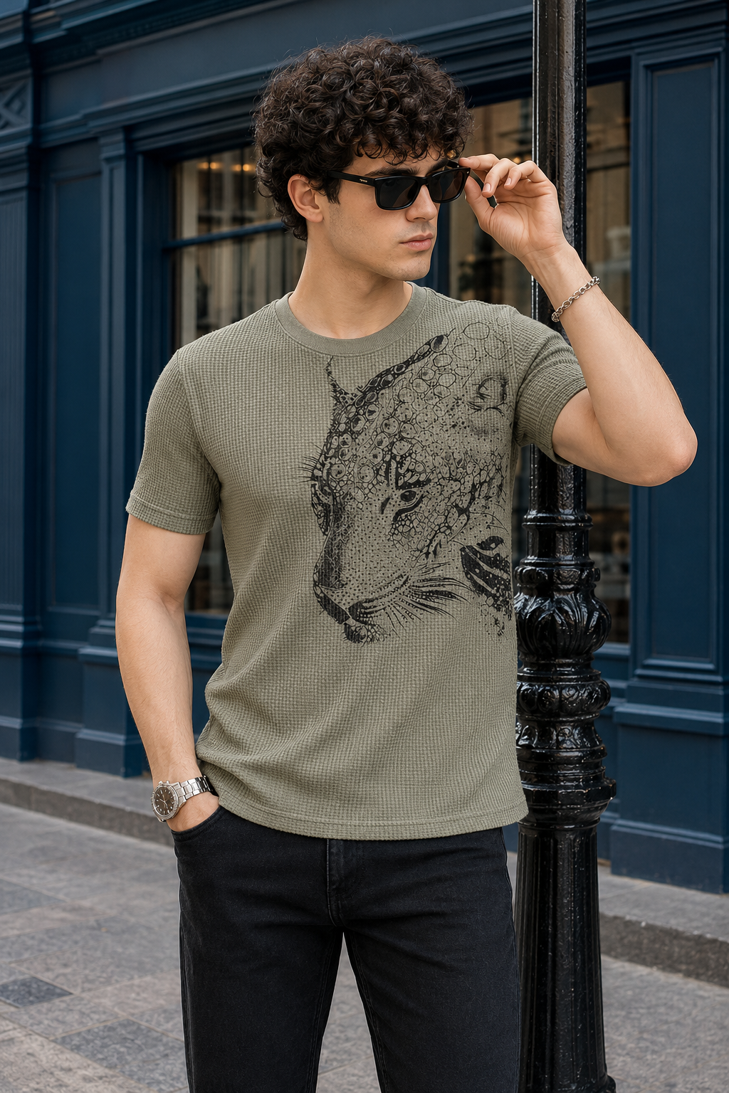 TENAXTEES Men's Waffle Knit Leopard Graphic T-Shirt