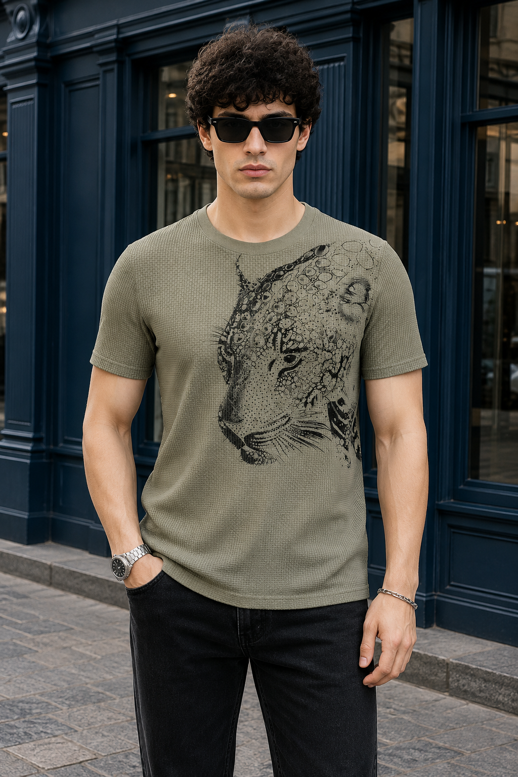 TENAXTEES Men's Waffle Knit Leopard Graphic T-Shirt