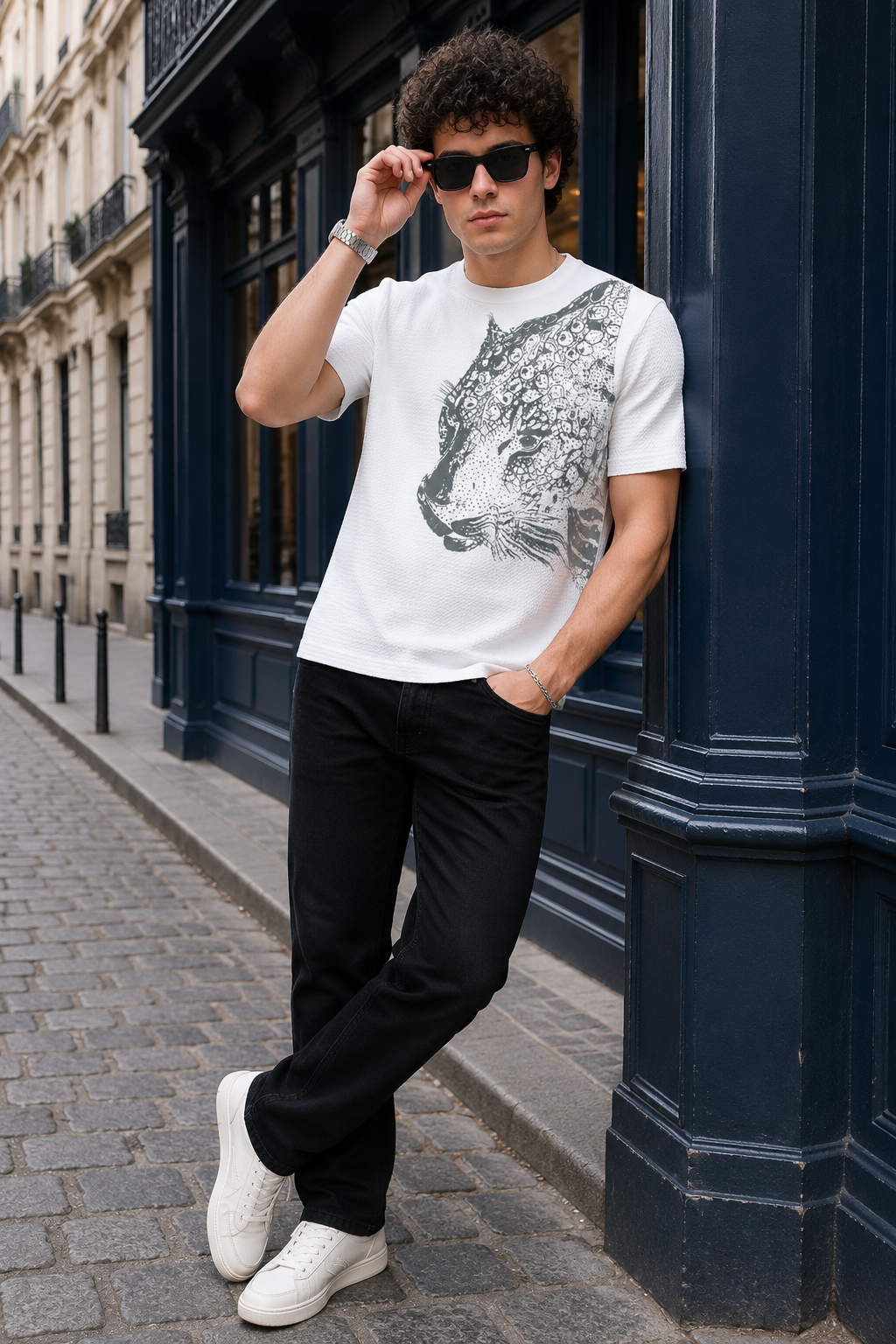 TENAXTEES Men's Waffle Knit Leopard Graphic T-Shirt