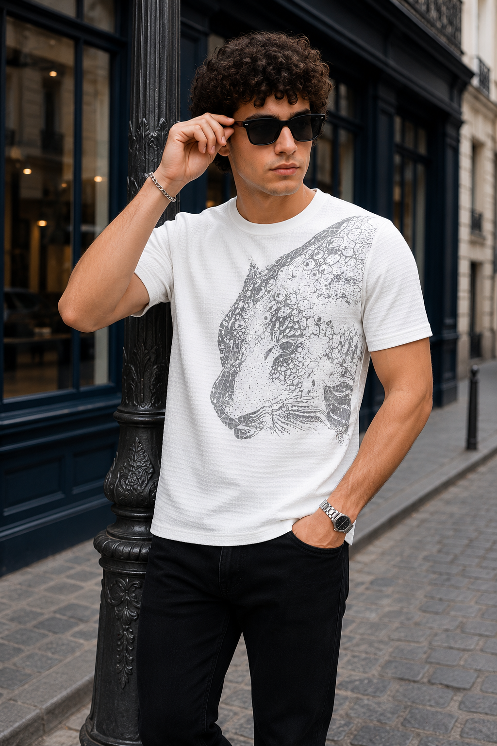 TENAXTEES Men's Waffle Knit Leopard Graphic T-Shirt