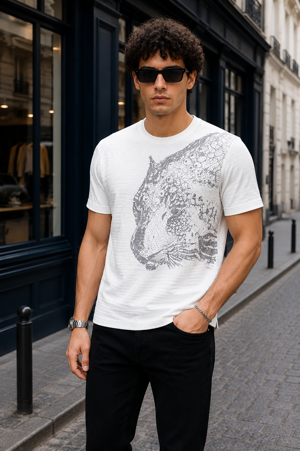 TENAXTEES Men's Waffle Knit Leopard Graphic T-Shirt