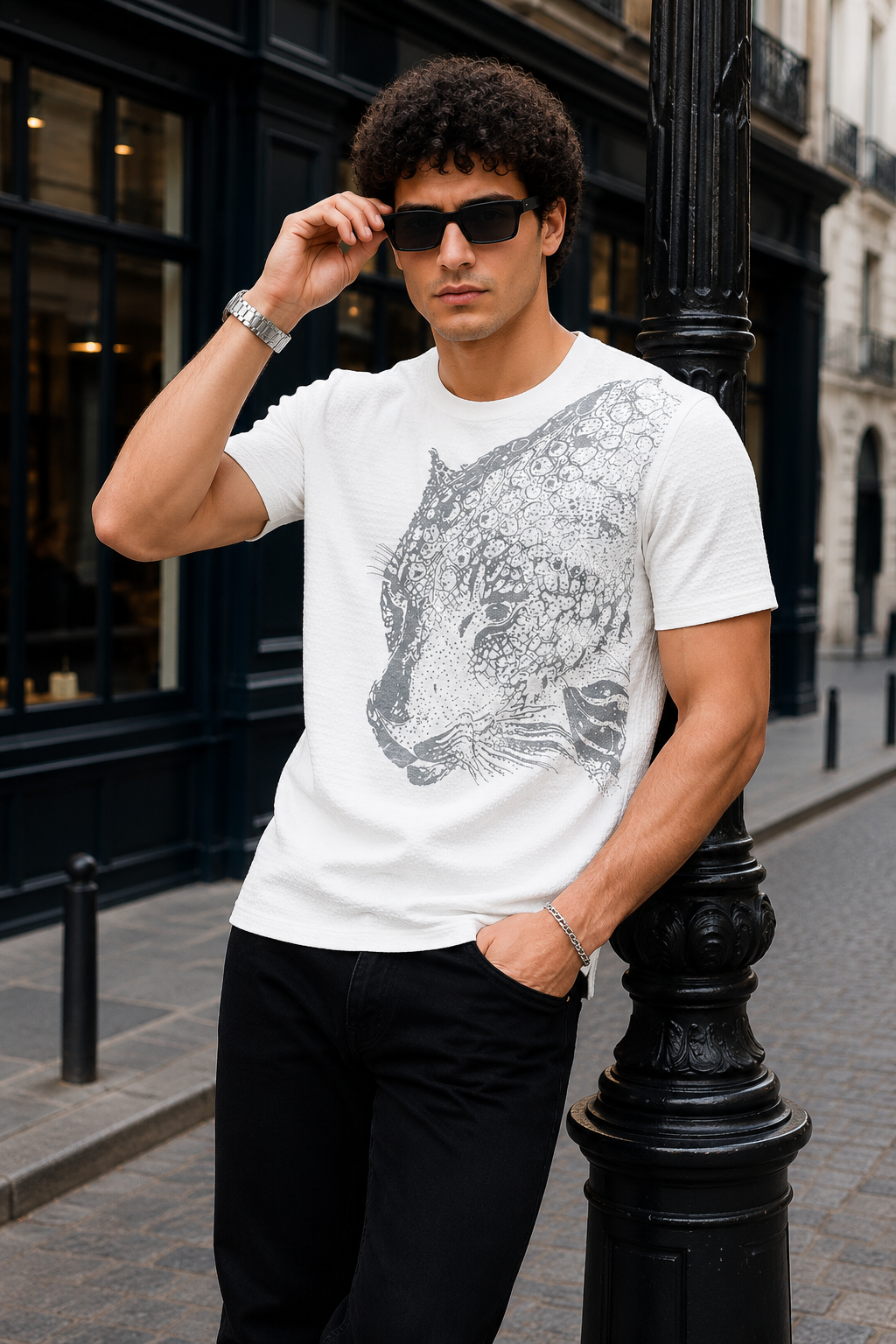 TENAXTEES Men's Waffle Knit Leopard Graphic T-Shirt
