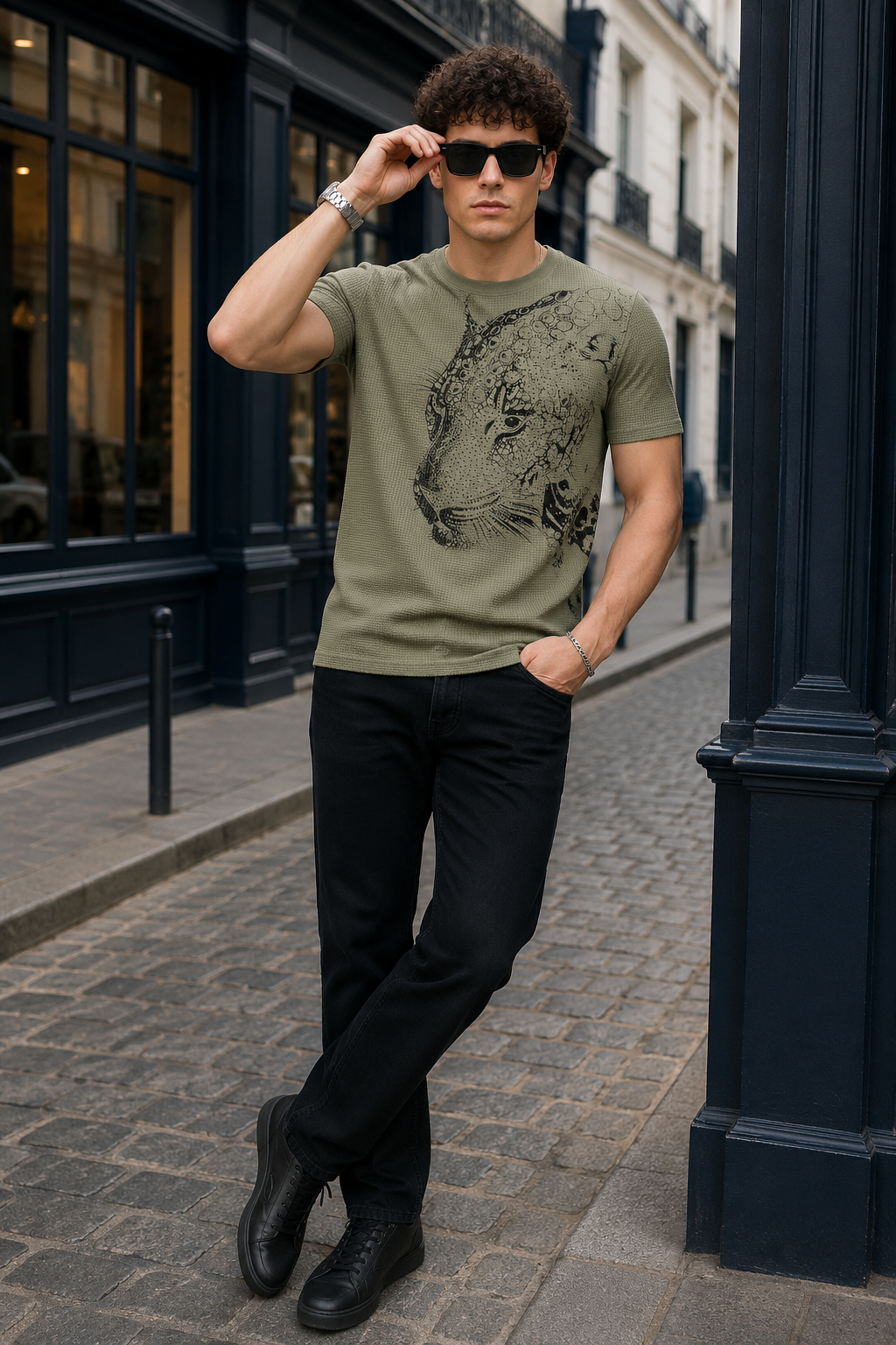 TENAXTEES Men's Waffle Knit Leopard Graphic T-Shirt