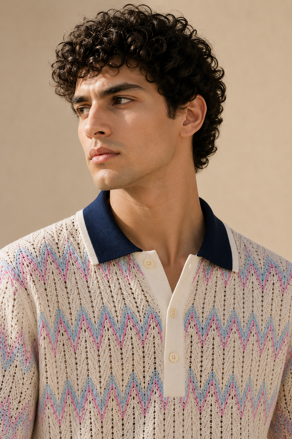 Men's Purple Regular Fit Pastel Zigzag Knit Polo T-Shirt