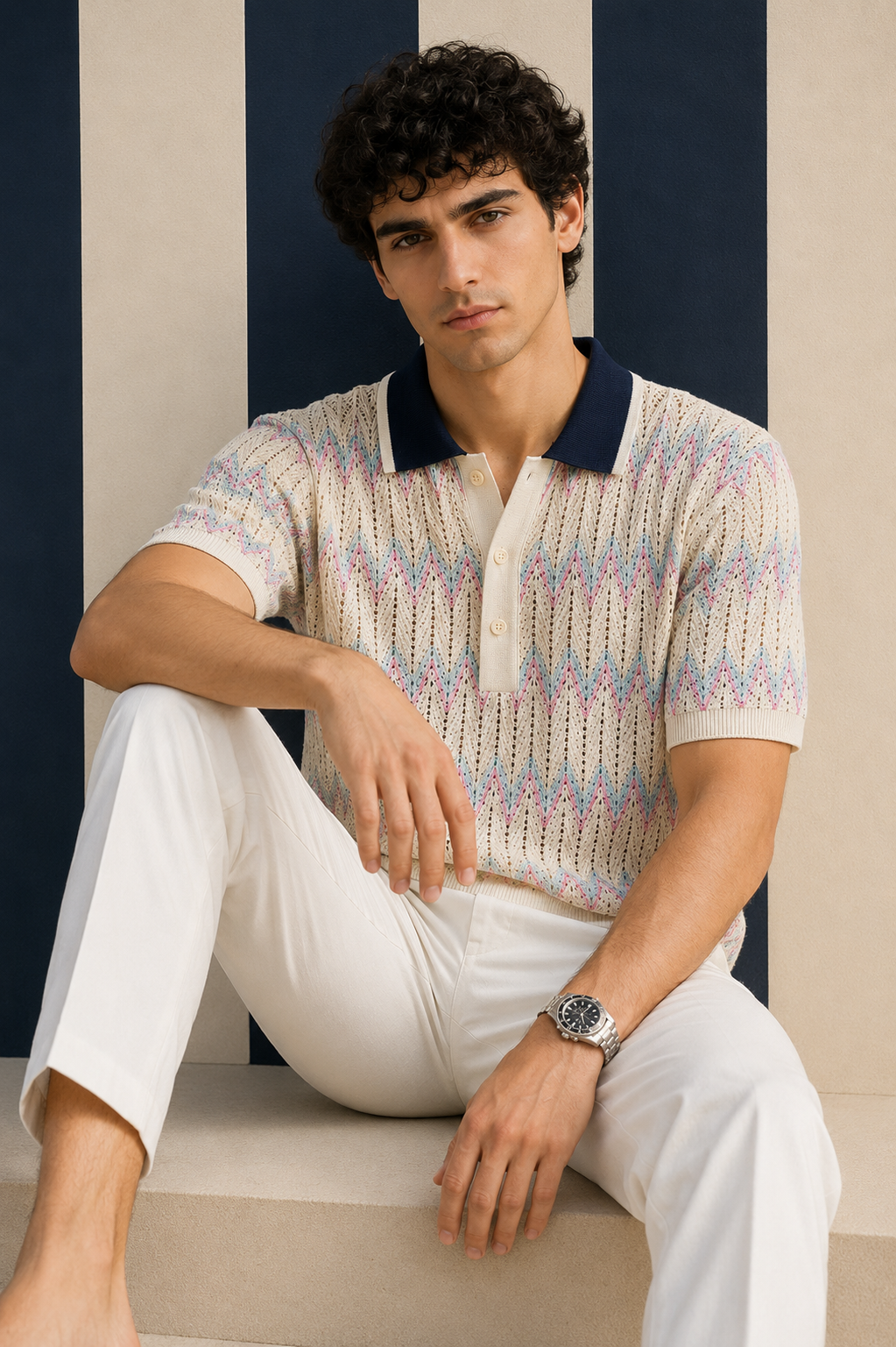 Men's Purple Regular Fit Pastel Zigzag Knit Polo T-Shirt