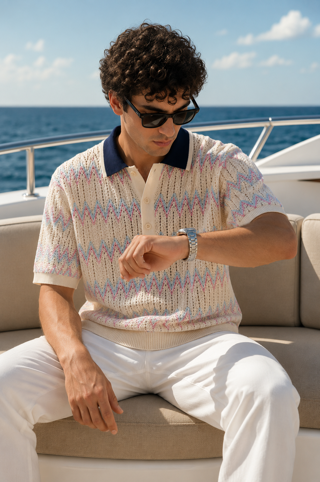 Men's Purple Regular Fit Pastel Zigzag Knit Polo T-Shirt