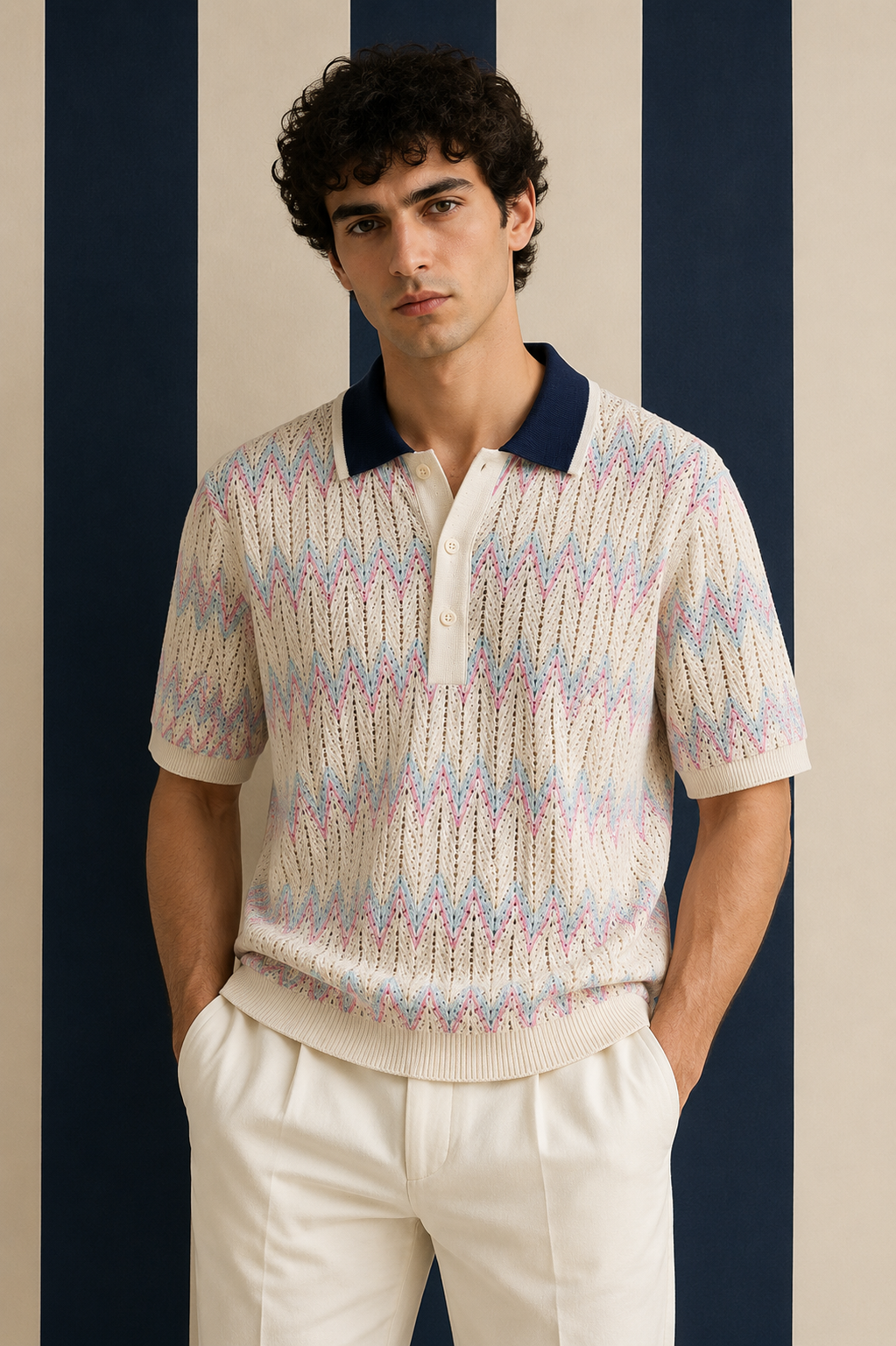 Men's Purple Regular Fit Pastel Zigzag Knit Polo T-Shirt