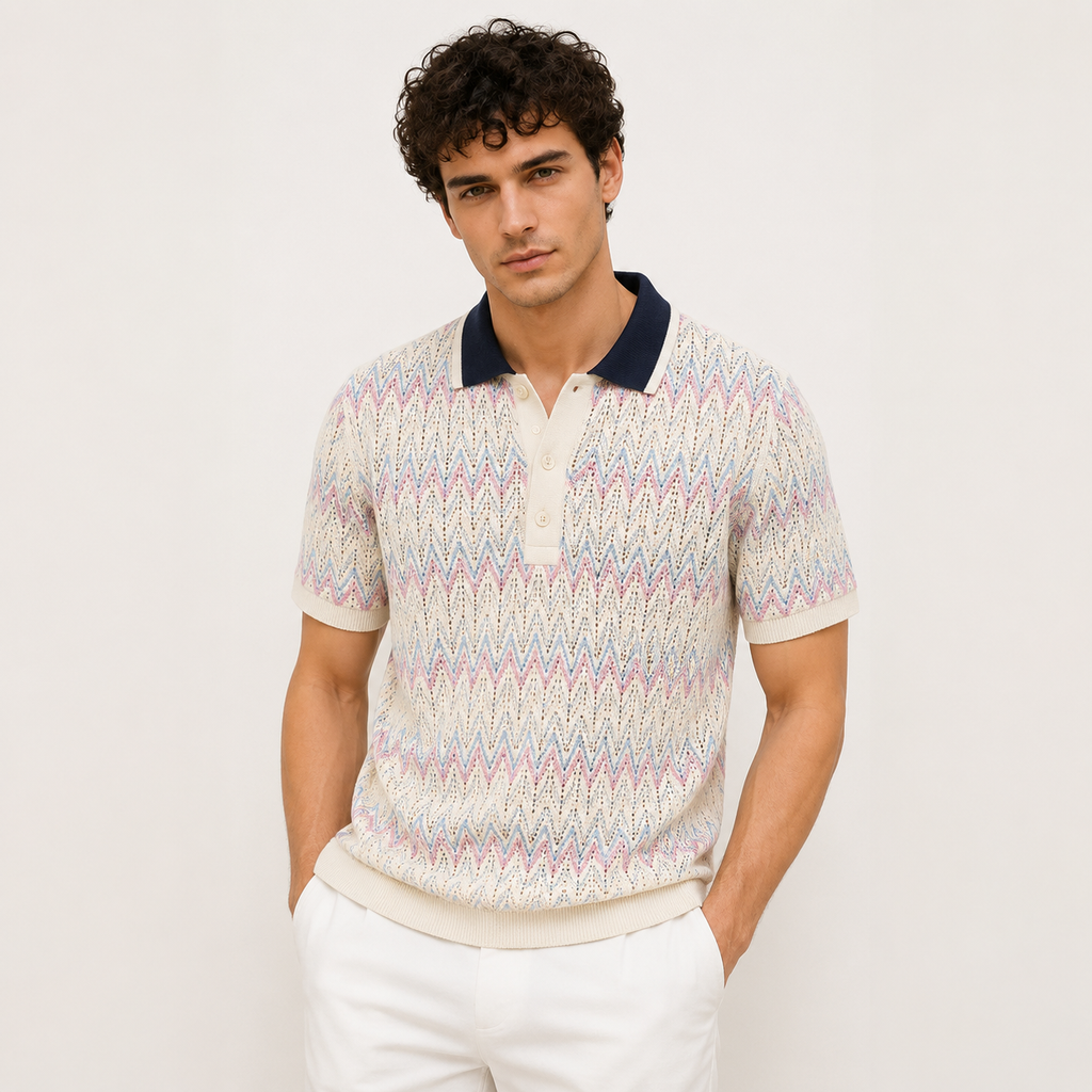 Men's Purple Regular Fit Pastel Zigzag Knit Polo T-Shirt