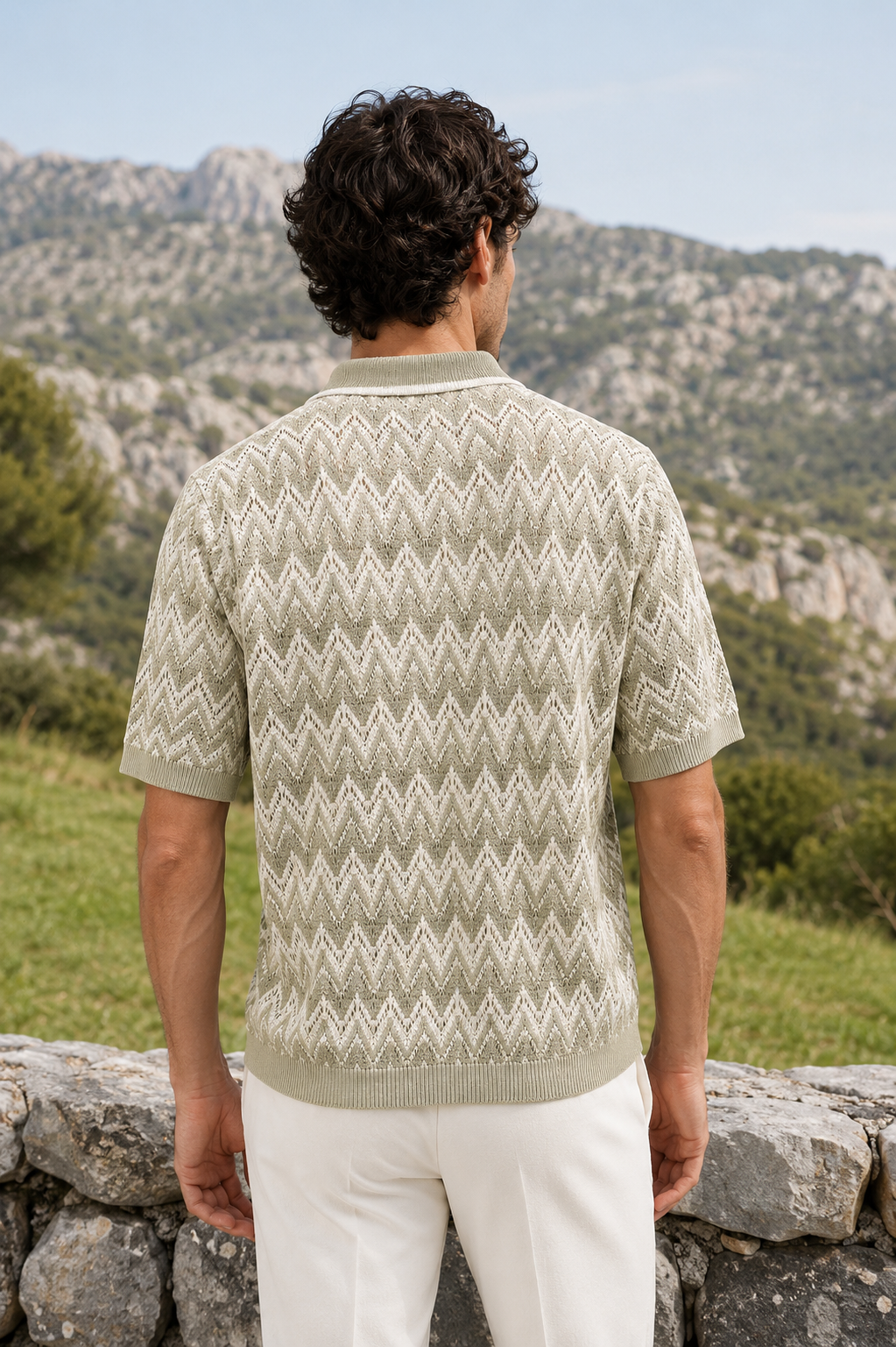 Men's Sage Green Regular Fit Textured Knit Polo T-Shirt