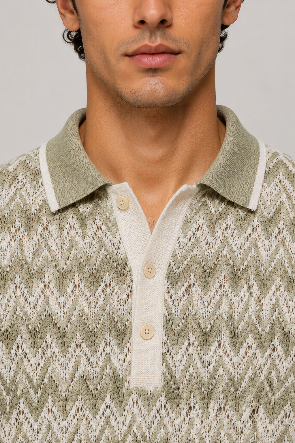 Men's Sage Green Regular Fit Textured Knit Polo T-Shirt