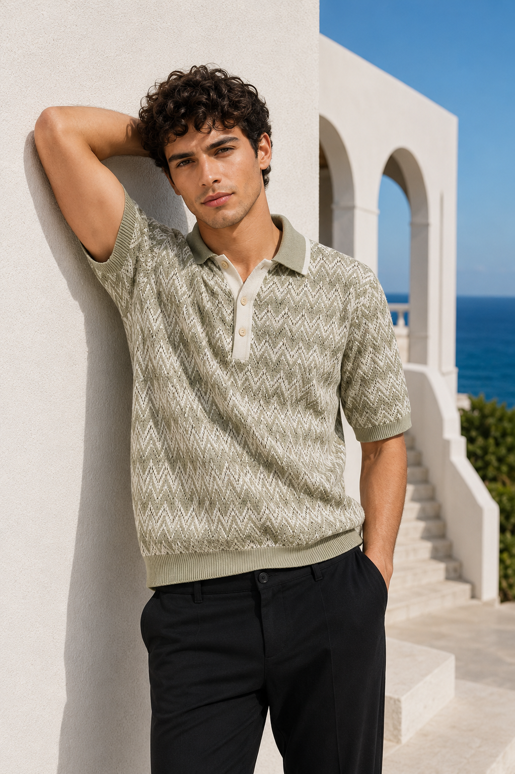 Men's Sage Green Regular Fit Textured Knit Polo T-Shirt