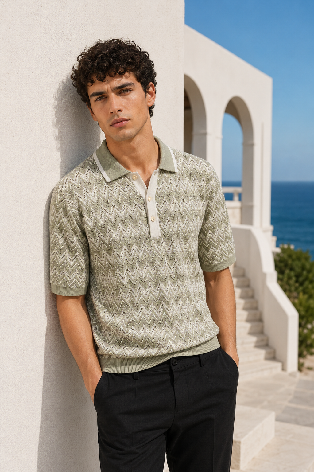 Men's Sage Green Regular Fit Textured Knit Polo T-Shirt