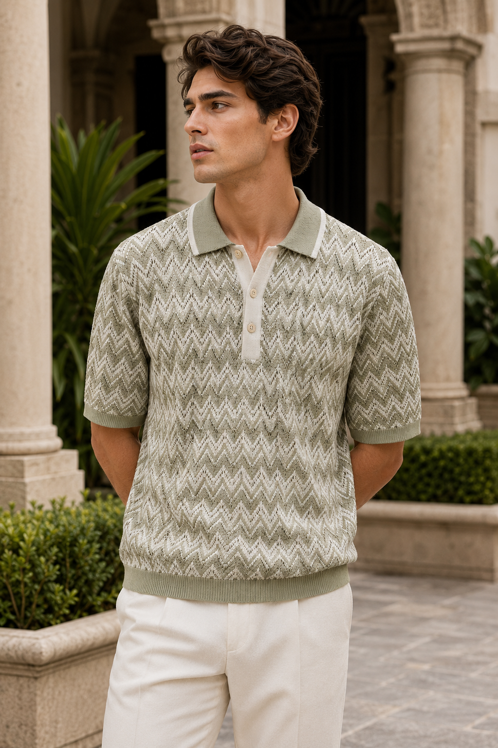 Men's Sage Green Regular Fit Textured Knit Polo T-Shirt