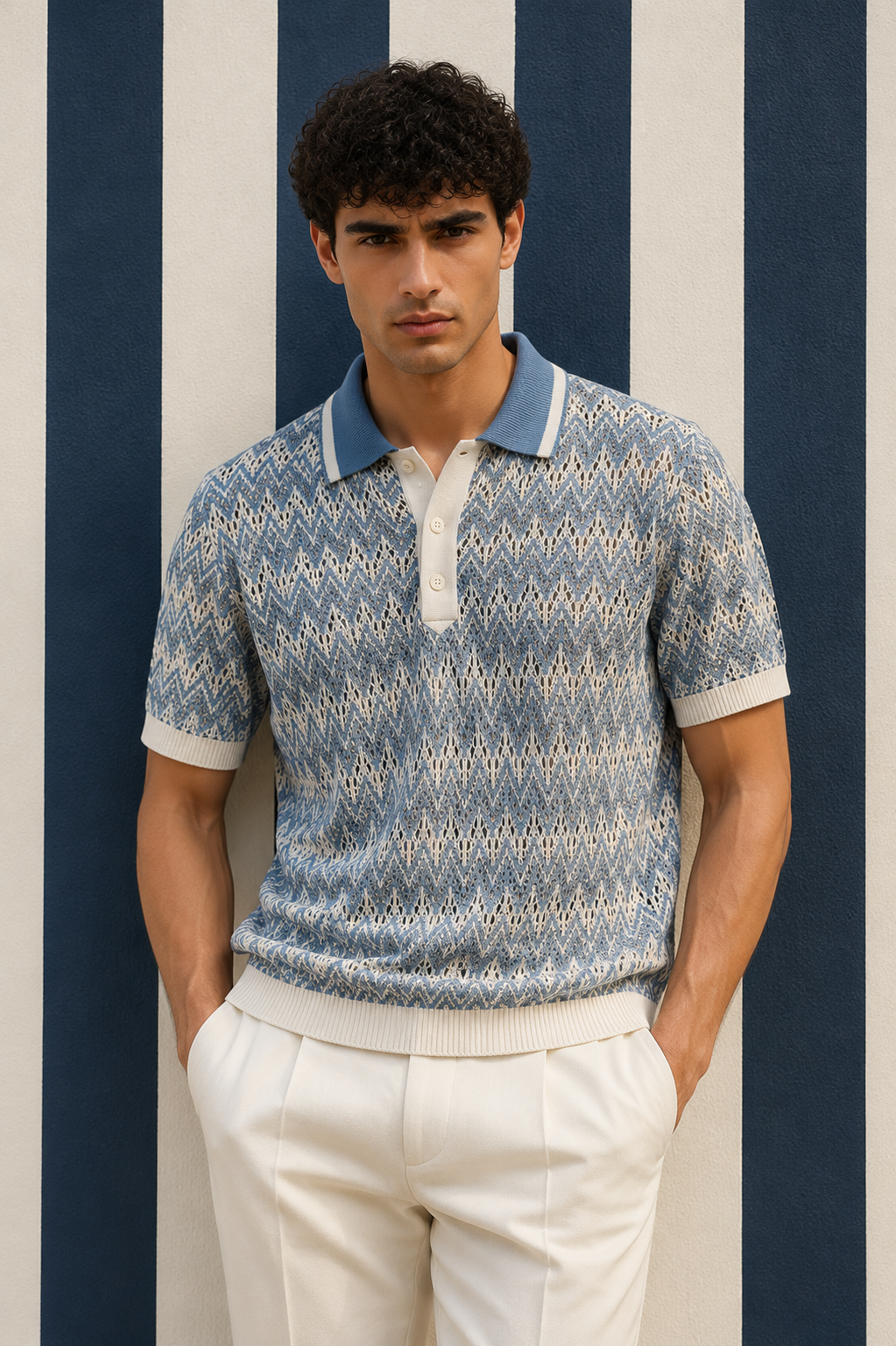 Men's Blue Regular Fit Open Knit Polo T-Shirt
