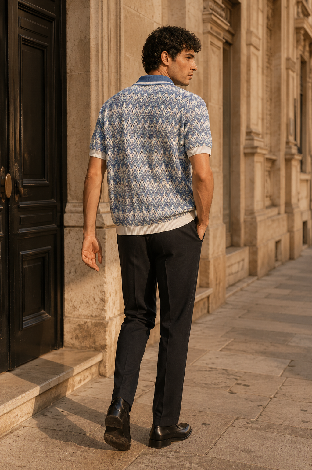 Men's Blue Regular Fit Open Knit Polo T-Shirt