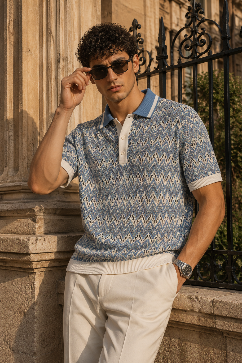 Men's Blue Regular Fit Open Knit Polo T-Shirt