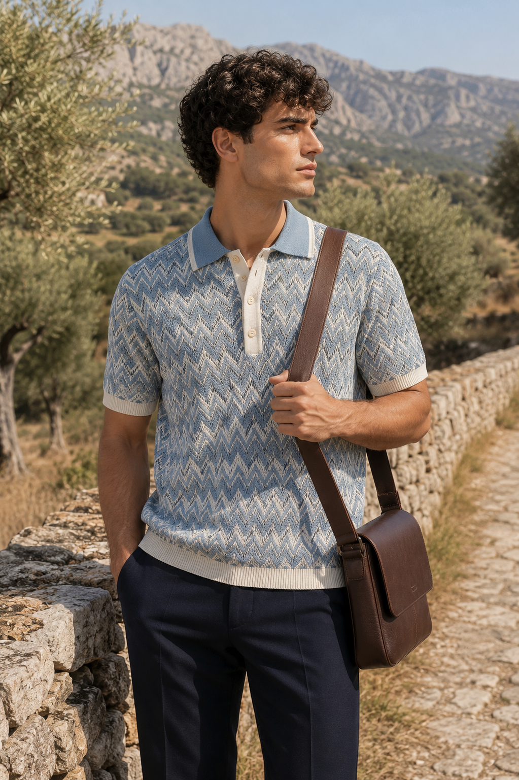 Men's Blue Regular Fit Open Knit Polo T-Shirt