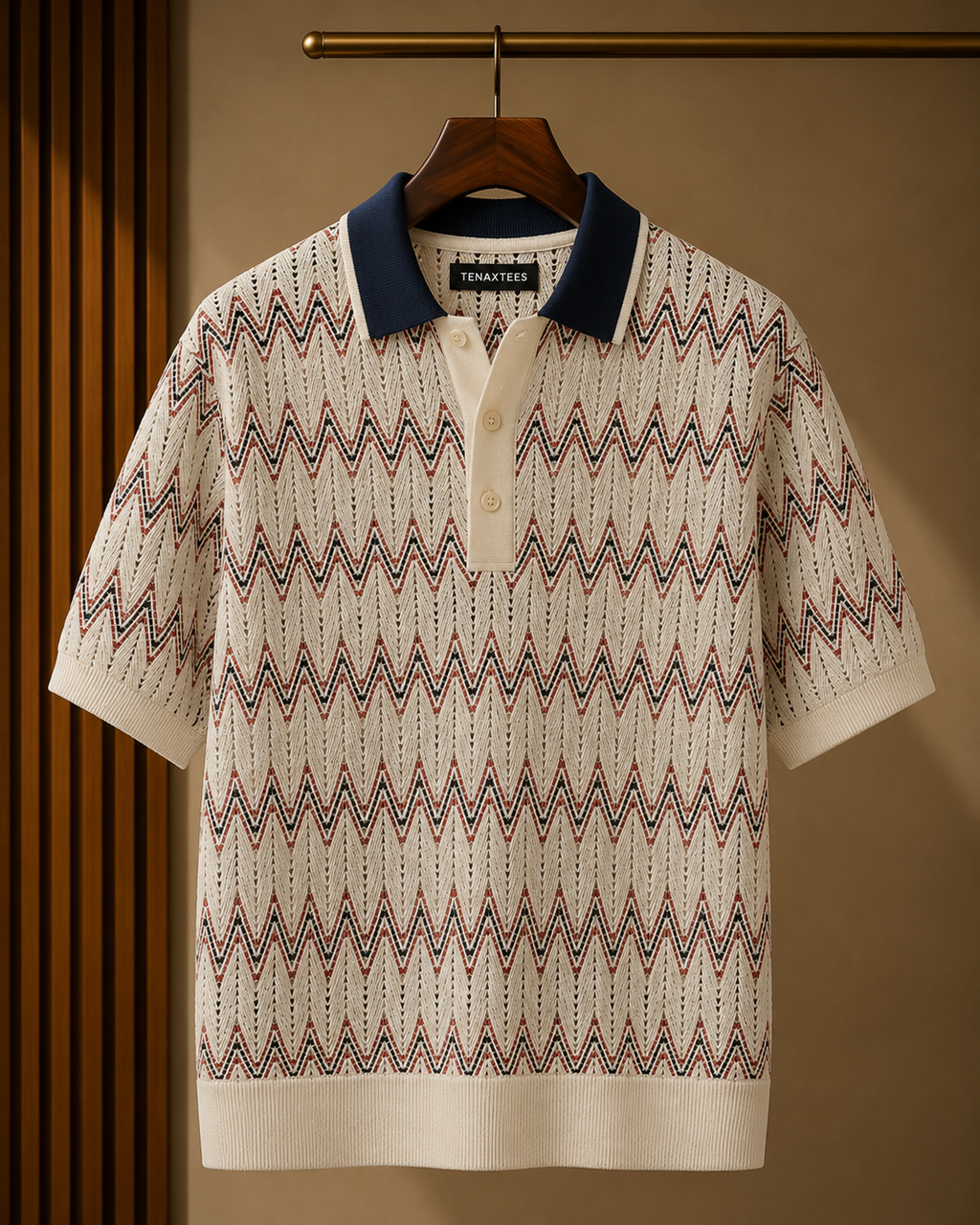Men's Ivory Regular Fit Chevron Textured Knit Polo T-Shirt