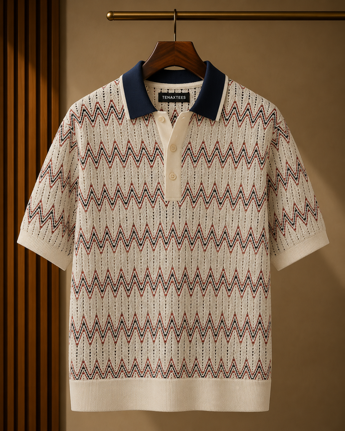 Men's Ivory Regular Fit Chevron Textured Knit Polo T-Shirt