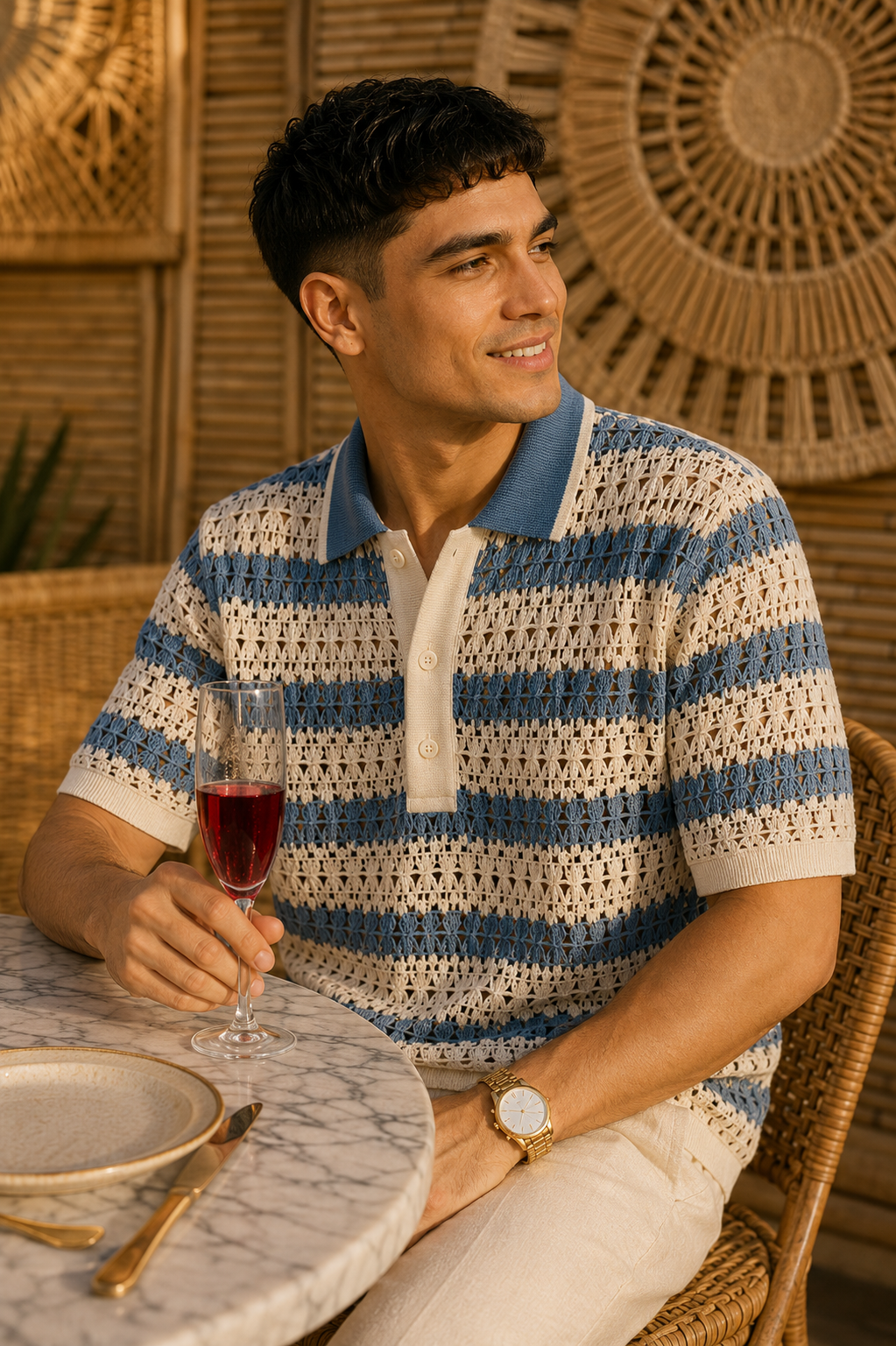 Men's Blue Regular Fit Textured Striped Knit Polo T-Shirt