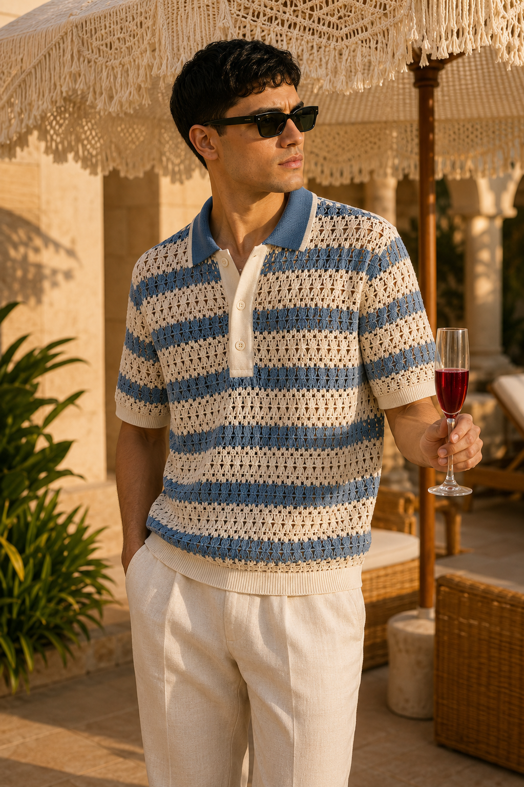 Men's Blue Regular Fit Textured Striped Knit Polo T-Shirt