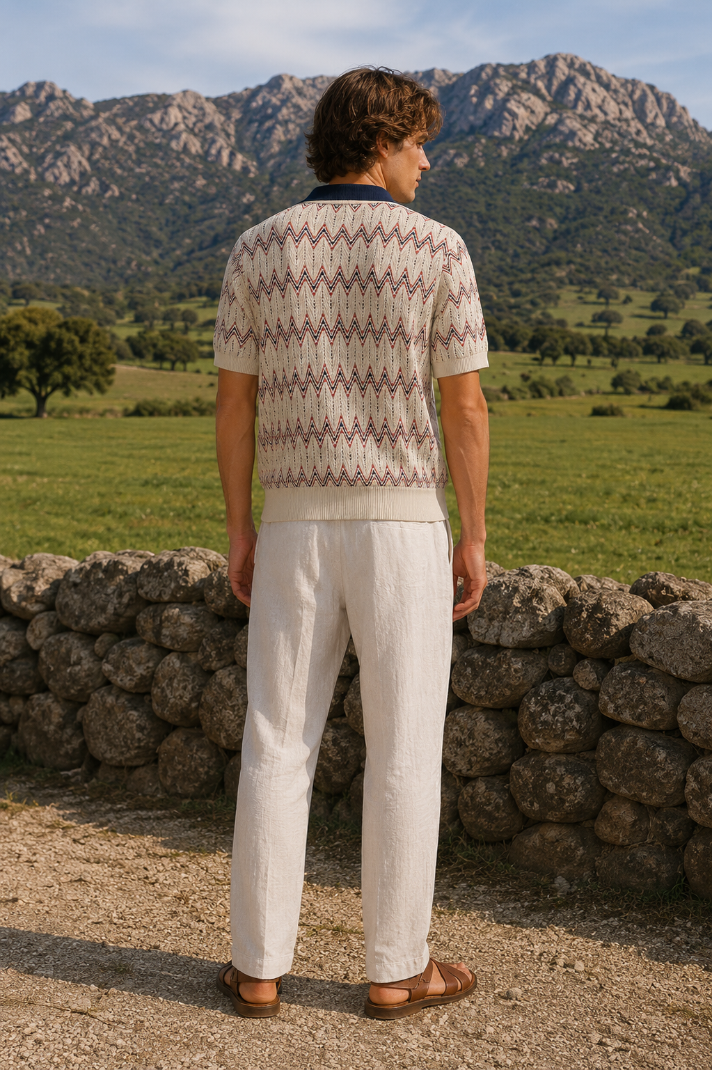 Men's Ivory Regular Fit Chevron Textured Knit Polo T-Shirt