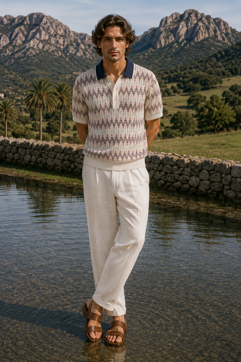 Men's Ivory Regular Fit Chevron Textured Knit Polo T-Shirt