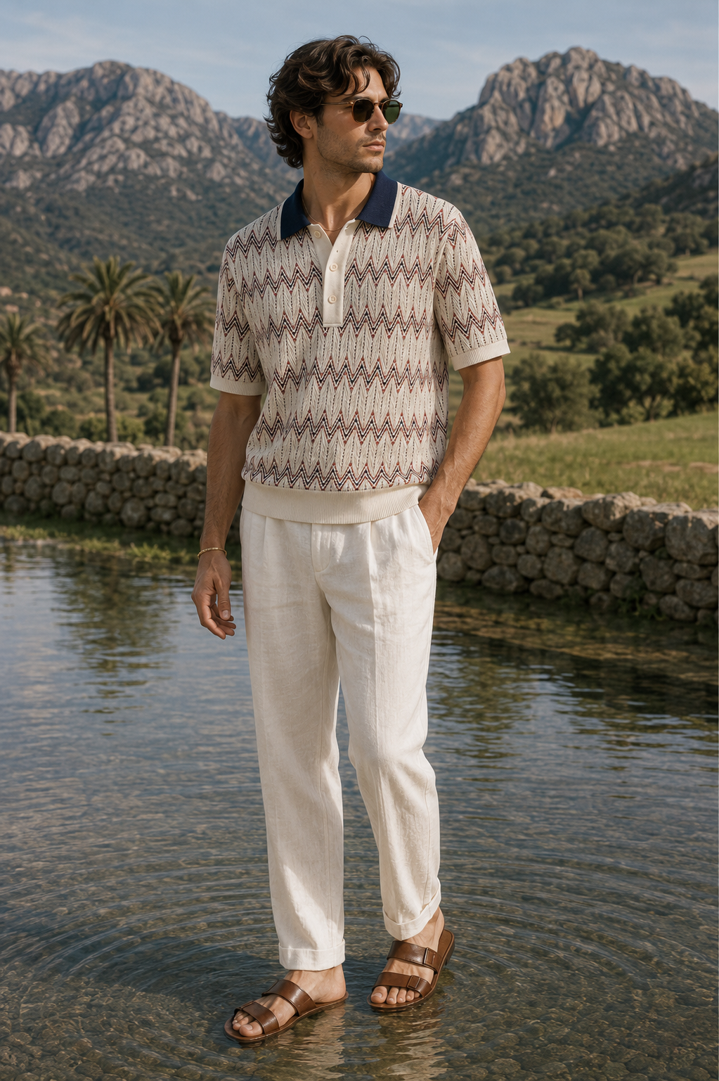 Men's Ivory Regular Fit Chevron Textured Knit Polo T-Shirt